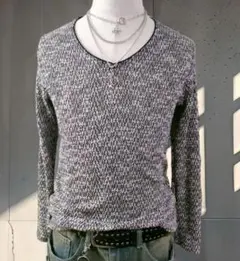 Y2K 00s Vネック長袖ニットカットソー 黒白ミックス お兄系 平成