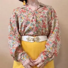 ヴィンテージ 昭和レトロ 小花柄 ポケット付 開襟シャツブラウス コットン 赤のサムネイル