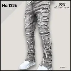 クラッシュダメージデニムパンツ グレー ラッパーHIP HOP UKドリル S