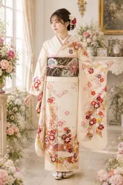 【美品】正絹 振袖 袋帯セット パールトーン加工済 成人式 古典柄 金コマ刺繍