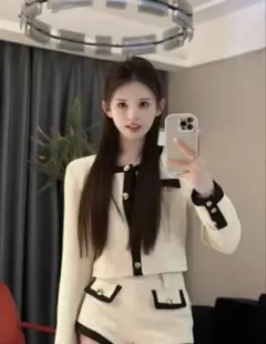 韓国 ファッション セットアップ ツイード ホワイト ブラック ワンホン