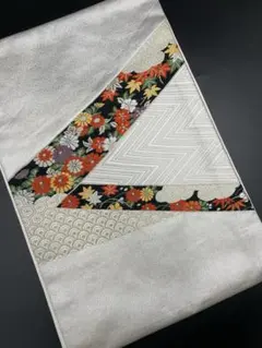 高級　正絹　洒落帯　名古屋帯　銀糸　花柄　綴織　青海波　290