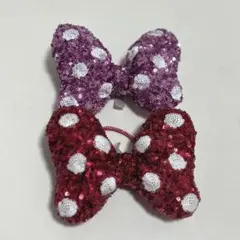ディズニー　ミニー　スパンコール　リボン　ヘアゴム　ピンク　レッド　赤