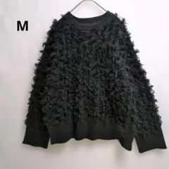 フリンジ加工　長袖ニットセーター　黒　M