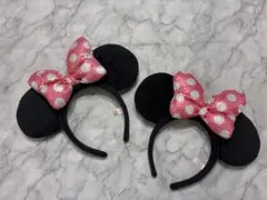 ディズニー　ミニー　カチューシャ　スパンコール　ピンク　水玉　リボン　ペア