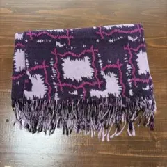 紫とピンクのフリンジ付きストール　大判　ストール　京都　染め物風　マフラー　和柄