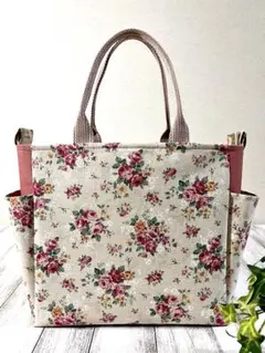 ハンドメイド トートバッグ ファスナーふた ＆サイドポケット 底板付き ローズ柄