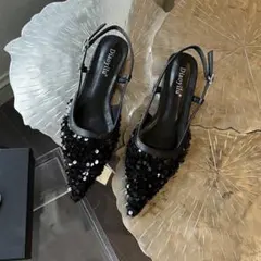 ビジュー付きブラックミュール　パンプス　スパンコール