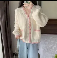 【フリーサイズ】ハートボタン配色ニットカーディガン 春 ゆったり アイボリーB2