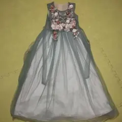 グリーン 花柄刺繍 ノースリーブドレス　150