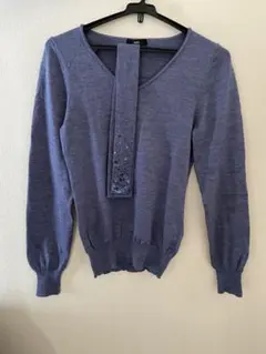 INED 青 Vネック ビーズ装飾 長袖ニット