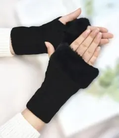 ファー付き　手袋 ニット スマホ対応 アームウォーマー アームカバー　ブラック