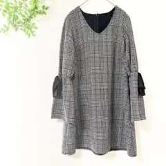 エブリン ワンピース Ｖネック 長袖 フレア袖 リボン付き Aライン チェック柄