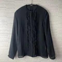 ブラック フリル付き長袖ブラウス