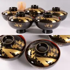 【CM438】時代蒔絵椀 天然木漆塗 花菖蒲金蒔絵 吸物椀 五客 杜若