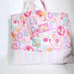 ハンドメイドレッスンバッグ☆ピンクレトロアニマル×カラフルストライプ☆