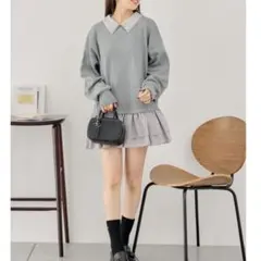 Chico ビジュー衿フリルデザイン ミニワンピース グレー