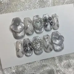 【No.510】現品販売 ネイルチップ シルバー ハート リボン マグネット