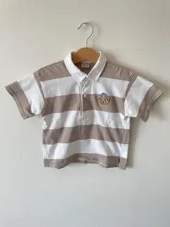 petit main ポロシャツ 白/茶色のストライプ　くまTシャツ