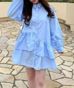 ★新品・未使用★ 裾アシメ フリルシャツワンピース　長袖 ライトブルー