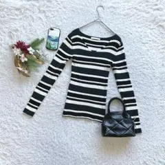 ニット セーター M 長袖 ボーダー レーヨン混 洗える Vネック カジュアル