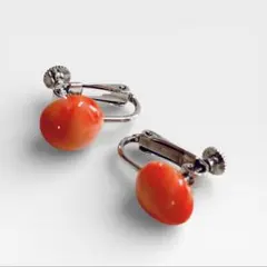 ⑦ 【美品】オレンジ マーブル イヤリング レトロ アンティーク調 ネジバネ式