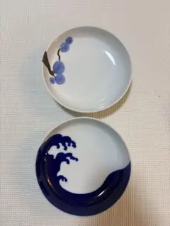深川製 小皿 2枚セット 染付 波柄・花柄 和食器