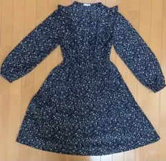 Honeys 花柄フリル襟 ネイビー ひざ丈ワンピース Lサイズ