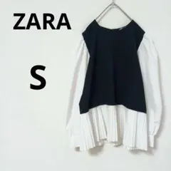 ザラ　ZARA プリーツ切り替えブラウス　【S】　パフスリーブ　異素材ドッキング