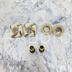 3ペア ピアス セット ゴールド ホワイト 四角 ブラック パール サークル