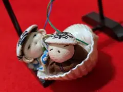 ちりめん細工　古布　揺りかご　貝殻の吊り下げ地蔵　ハンドメイド