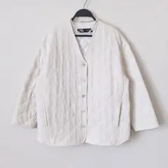 最終価格 ザラ ツイード キルティング ノーカラージャケット オフホワイト