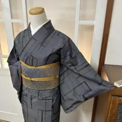 大島紬　袷　正絹　紺×群青×鼠色　幾何学模様　身丈150裄64