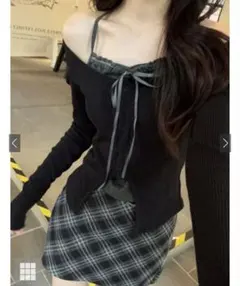 フリルリボンホルターネックレイヤード風リブトップス[ac2591]