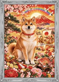 柴犬と福づくし 赤富士・虹・宝船 開運アート