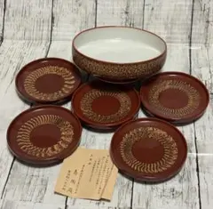 陶器　小皿5枚と中鉢の食器セット　赤 エンジ色