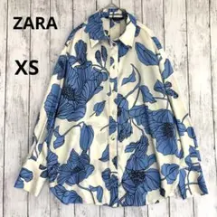 【ZARA】ザラ　サテンとろみ素材花柄 長袖シャツブラウス　ブルーXSゆったり