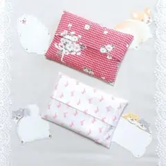 ポケットティッシュケース　花柄　ストライプ柄　赤色　ピンク　ハンドメイド