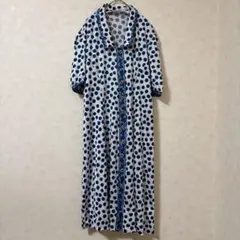 ドット柄 シャツワンピース ロング 半袖 水玉 ホワイト ブルー レディース