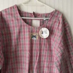 【新品】ピンク系チェック エプロン　割烹着 長袖　綿混　ネコ
