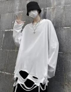 ロンT 白 ダメージ加工 長袖 ビッグシルエット 韓国 ユニセックス 春秋