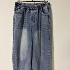 ウエストゴム ワイドデニムパンツ ブルー　L-LL