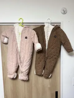 ベビー ジャンプスーツ カバーオール ピンク 防寒着 80（ピンク&ブラウン）