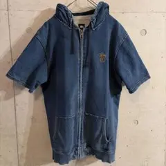【希少】ステューシー 半袖 ジップアップパーカー インディゴ XL ゆるだぼ