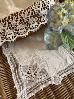 限定※フランスアンティーク イニシャル刺繍 フリルレース クッション