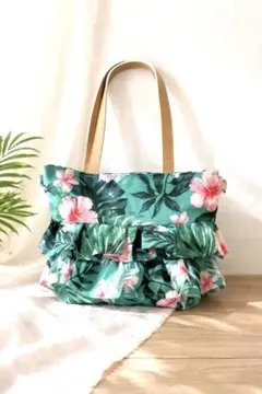 2-5 エメラルドグリーン2段フリルのハンドメイドミニトートバッグ