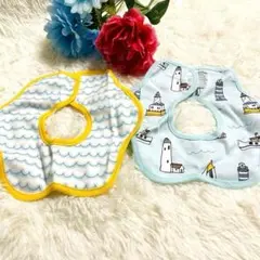 よだれかけ2枚セット　赤ちゃん用　幼児用　お出かけ　旅行　海の波と灯台の柄
