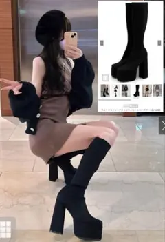 試着のみ　GRL ウルトラストレッチチャンキーヒールロングブーツのサムネイル