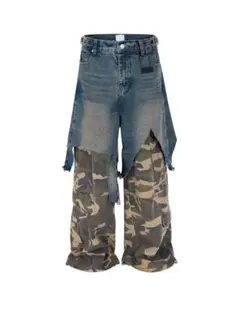 リメイク風　ダメージデニム　ミリタリーカーゴパンツ