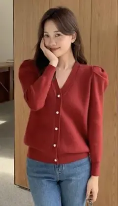 PEARL PUFF KNIT CARDIGAN レッド